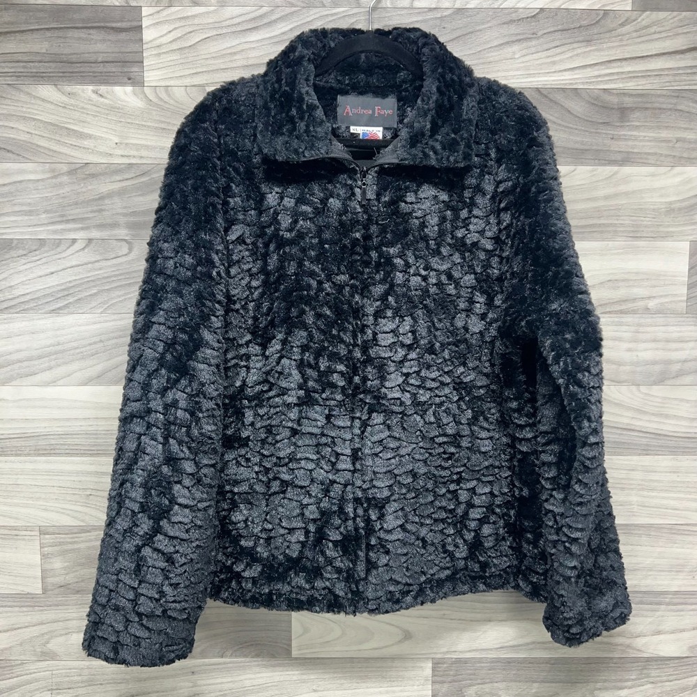 Andrea Faye Jacket Womens XL Black Faux Fur Shell Long Sleeve Mock Neck Full Zip